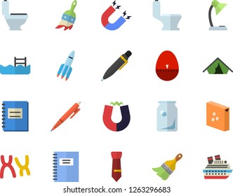 Color flat icon set paint brush flat vector, toilet, kitchen egg timer, groats, glass bottles, chromosomes, notebook, reading lamp, tie, pen, rocket, magnet, pool, tent fector, cruise ship