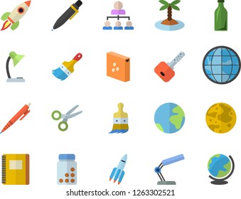 Color flat icon set paint brush flat vector, groats, glass bottles, earth, reading lamp, hierarchy, pen, rocket, moon, notebook, vitamins, fector, island, scissors, key, globe