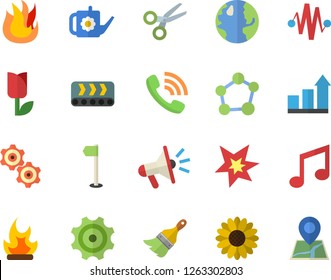 Color flat icon set paint brush flat vector, fire, flower, watering can, tulip, bonfire, earth, cogwheel, conveyor, phone call, mouthpiece, molecule, spark, electric discharge fector, sports flag