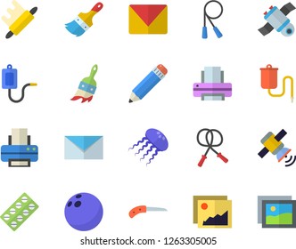Color flat icon set paint brush flat vector, rolling pin, knife, pill packaging, medical warmer, printer, pencil, mail, satellit, bowling ball, skipping rope, jellyfish fector, gallery