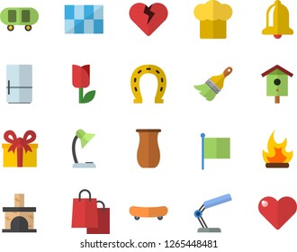 Color flat icon set paint brush flat vector, tile, cook hat, fridge, jugful, nesting box, horseshoe, tulip, bonfire, fireplace, flag, bags, present, reading lamp, skateboard, bell, heart