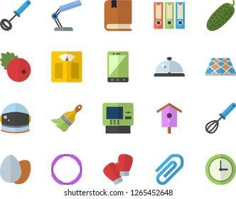 Color flat icon set paint brush flat vector, flooring, whisk, egg, cucumber, cranberry, nesting box, clip, reading lamp, textbook, folders for papers, astronaut helmet fector, weighing machine, hoop