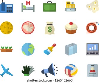 Color flat icon set paint brush flat vector, cupcake, popcorn, hose, seedlings, gloves, wealth, mouthpiece, cash machine, hospital bed, embryo, telephone, sticker, moon, computer, volleyball, badge