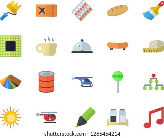 Color flat icon set paint brush flat vector, color scheme, roller, spice, bread, canned food, lollipop, marker, pill packaging, helicopter, coffee, cpu, classification, skateboard, centimeter, sun
