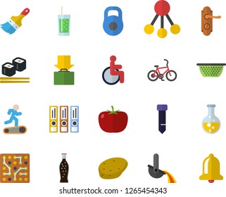 Color flat icon set paint brush flat vector, door lock, colander, potato, tomato, fish rolls, lemonade, soda, chemistry, metallurgy, hierarchy, disabled, tie, electronic circuit, folders for papers