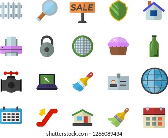 Color flat icon set paint brush flat vector, sieve, cupcake, house, main pipeline, glass bottles, radiator, earth, calendar, sell out, printer, laptop, magnifier, weight, escalator fector, security