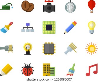 Color flat icon set paint brush flat vector, skyscraper, spaghetti on a fork, coffee beans, ladybird, hose, main pipeline, pencil, cpu, classification, balloon fector, sun, disco ball, lamp, note