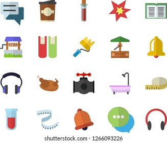 Color flat icon set paint roller flat vector, shower, chicken, coffe, well, main pipeline, chat, blood test, book, spark, centimeter, bell, headset