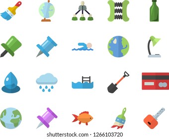 Color flat icon set paint brush flat vector, fish, shovel, rain, earth, drop, glass bottles, credit card, drawing pin, reading lamp, hierarchy, globe, carpal expander, swimming, pool, fector, key