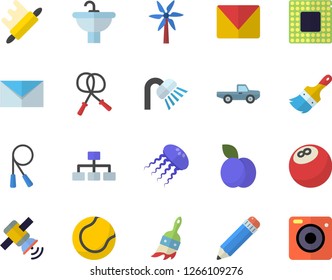 Color flat icon set paint brush flat vector, sink, shower, rolling pin, plum, windmill, pickup truck, pencil, mail, satellit, cpu, classification, bowling ball, skipping rope, tennis, camera