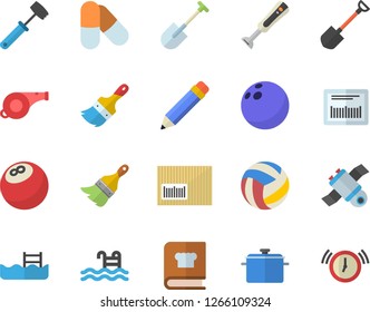 Color flat icon set paint brush flat vector, saucepan, meat hammer, cookbook, blender, shovel, barcode, pencil, satellit, whistle, bowling ball, volleyball, pills, pool, alarm clock