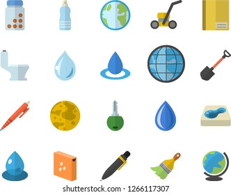 Color flat icon set paint brush flat vector, toilet, groats, shovel, lawn mower, pool, earth, drop, notebook, pen, moon, vitamins, water, key, globe