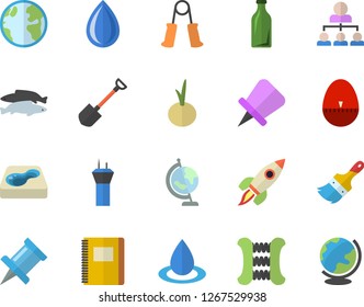 Color flat icon set paint brush flat vector, kitchen egg timer, onion, fish, shovel, pool, earth, drop, glass bottles, hierarchy, rocket, globe, notebook, carpal expander, airport tower fector