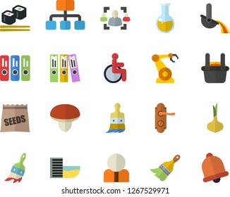 Color flat icon set paint brush flat vector, door lock, mushroom, onion, fish rolls, seeds, robotics, metallurgy, hierarchy, person, disabled, medical analysis, recruitment, folder, bell