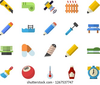 Color flat icon set paint brush flat vector, stationery knife, meat hammer, temperature, ketchup, bench, radiator, pencil, stapler, satellit, bowling ball, pills, pool, whistle, alarm clock
