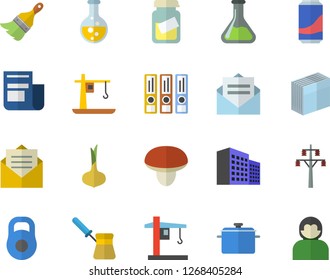 Color flat icon set paint brush flat vector, saucepan, turk, mushroom, onion, lemonade, chemistry, power line support, crane, news, medical analysis, office building, sticker, folders for papers