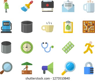Color flat icon set paint brush flat vector, well, refueling, pipe production, magnifier, pill packaging, stethoscope, gestation, coffee, clock, stamp, electronic circuit, diet, run, mouthpiece