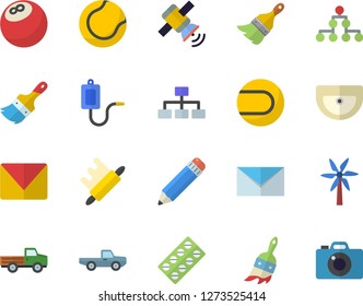 Color flat icon set paint brush flat vector, sink, rolling pin, windmill, pickup truck, pill packaging, medical warmer, pencil, mail, satellit, classification, bowling ball, tennis, camera
