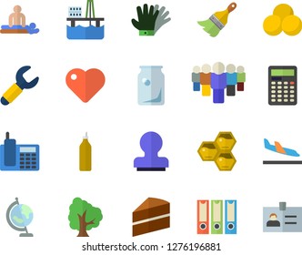 Color flat icon set paint brush flat vector, cake, mustard, honeycomb, tree, gloves, oil production platform, wrench, glass bottles, team, heart, massage, telephone, stamp, globe, calculator, pills