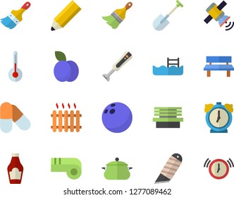 Color flat icon set paint brush flat vector, stationery knife, saucepan, blender, temperature, ketchup, plum, shovel, bench, radiator, pencil, satellit, bowling ball, pills, pool, whistle