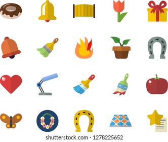 Color flat icon set paint brush flat vector, fence, flooring, fire, donut, tomato, home plant, horseshoe, tulip, butterflies, present, reading lamp, hawaiian wreath fector, bell, heart, favorites