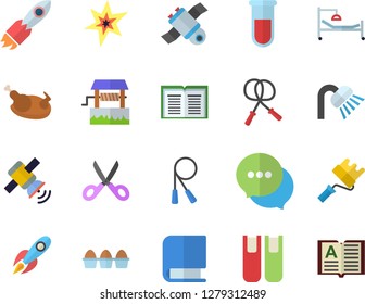 Color flat icon set paint roller flat vector, shower, scissors, egg, chicken, well, rocket, chat, blood test, hospital bed, book, satellit, spark, skipping rope