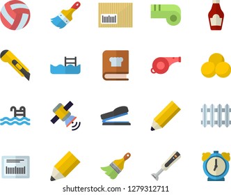 Color flat icon set paint brush flat vector, stationery knife, cookbook, blender, ketchup, radiator, barcode, pencil, stapler, satellit, whistle, volleyball, pills, pool, alarm clock