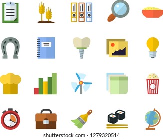 Color flat icon set paint brush flat vector, cook hat, porridge, fish rolls, popcorn, ear, horseshoe, lamp, magnifier, chart, implant, clipboard, briefcase, sticker, notebook, windmill, stopwatch