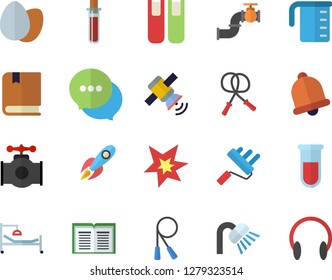 Color flat icon set paint roller flat vector, shower, meashuring cup, egg, main pipeline, rocket, chat, blood test, hospital bed, book, satellit, spark, textbook, skipping rope, bell, headset