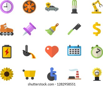 Color flat icon set paint brush flat vector, stopwatch, knives, flower, ventilation, battery, factory, energy saving lamp, autopilot, metallurgy, grocery trolley, dollar, calendar, heart, disabled