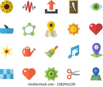 Color flat icon set paint brush flat vector, Entrance door, tile, flower, watering can, sun, cogwheel, location, heart, eye, molecule, spark, electric discharge fector, shark, scissors, upload, note
