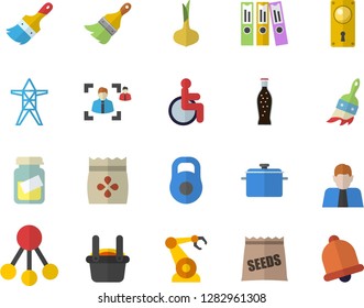 Color flat icon set paint brush flat vector, door lock, saucepan, onion, lemonade, seeds, power line support, robotics, metallurgy, hierarchy, person, disabled, medical analysis, recruitment, folder