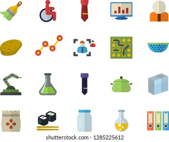 Color flat icon set paint brush flat vector, saucepan, colander, glass jar, potato, fish rolls, seeds, chemistry, robotics, person, scatter chart, disabled, computer, recruitment, sticker, tie
