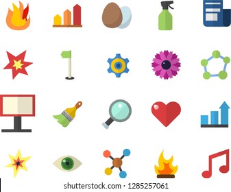 Color flat icon set paint brush flat vector, fire, egg, flower, pulverizer, bonfire, billboard, cogwheel, news, molecules, molecule, spark, magnifier, achievement chart, sports flag, heart, eye