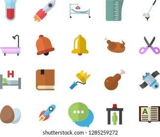 Color flat icon set paint roller flat vector, shower, meashuring cup, scissors, egg, chicken, rocket, chat, blood test, hospital bed, satellit, textbook, control gate fector, golf, bell, book