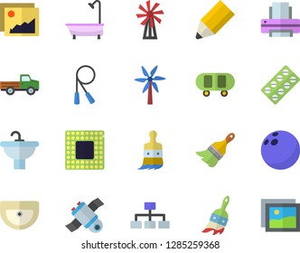 Color flat icon set paint brush flat vector, sink, shower, windmill, pickup truck, pill packaging, printer, pencil, satellit, cpu, classification, bowling ball, skateboard, skipping rope, gallery