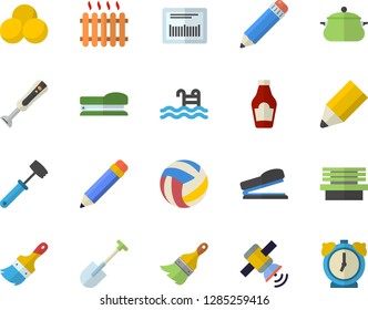 Color flat icon set paint brush flat vector, saucepan, meat hammer, blender, ketchup, shovel, bench, radiator, barcode, pencil, stapler, satellit, volleyball, pills, pool, alarm clock