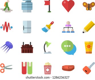 Color flat icon set paint brush flat vector, fridge, chop, popcorn, butterflies, plant, chat, heart, reading lamp, hierarchy, copy machine, book, pencil, electric discharge fector, sports flag, hike