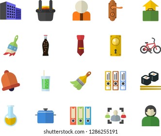 Color flat icon set paint brush flat vector, door lock, saucepan, fish rolls, lemonade, soda, metallurgy, person, medical analysis, office building, recruitment, tie, folders for papers, bell, user