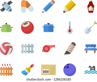 Color flat icon set paint brush flat vector, stationery knife, saucepan, temperature, ketchup, shovel, bench, radiator, barcode, pencil, satellit, whistle, bowling ball, volleyball, pills, pool