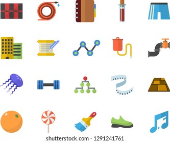 Color flat icon set paint brush flat vector, skyscraper, tile, flooring, lollipop, orange, hose, main pipeline, scatter chart, medical warmer, blood test, hostory roll, classification, dumbbell
