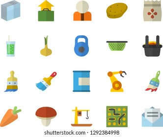 Color flat icon set paint brush flat vector, colander, mushroom, potato, onion, carrot, soda, seeds, crane, robotics, metallurgy, person, sticker, electronic circuit, weight, proteins, message