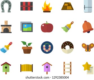 Color flat icon set paint brush flat vector, tile, fence, flooring, fridge, donut, tomato, nesting box, home plant, horseshoe, ladder, butterflies, bonfire, fireplace, hawaiian wreath fector, bell