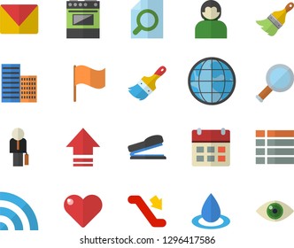 Color flat icon set paint brush flat vector, skyscraper, electric stove, drop, earth, flag, magnifier, businessman, stapler, mail, escalator fector, menu, broadcast, upload, calendar, user, heart