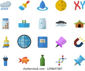 Color flat icon set paint brush flat vector, fish, rain, drop, magnet, glass bottles, earth, chromosomes, notebook, moon, dna, vitamins, airport tower fector, tent, pool, drawing pin