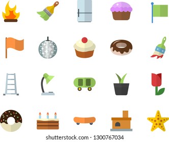 Color flat icon set paint brush flat vector, fridge, cupcake, cake, donut, home plant, ladder, tulip, bonfire, fireplace, flag, reading lamp, skateboard, disco ball fector, starfish