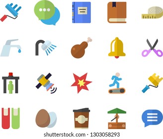Color flat icon set paint roller flat vector, shower, faucet, scissors, egg, chicken, coffe, well, chat, book, satellit, spark, textbook, centimeter, Treadmill, control gate vector, bell