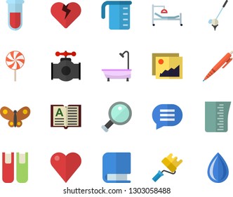 Color flat icon set paint roller flat vector, shower, meashuring cup, lollipop, butterflies, main pipeline, blood test, heart, hospital bed, book, pen, magnifier, golf fector, gallery, chat, drop