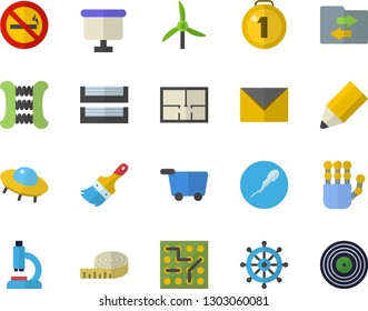 Color flat icon set paint brush flat vector, house layout, windmill, flipchart, microscope, sperm, paper tray, pencil, robot hand, ufo, electronic circuit, medal, centimeter, carpal expander, target