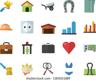 Color flat icon set paint roller flat vector, hard hat, meashuring cup, turk, horseshoe, garden wheelbarrow, socket, warehouse, case, chart, heart, briefcase, statistic, oscilloscope, brainstorm